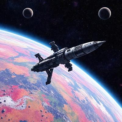 The primary subject of the image is a spacecraft, which is a large, silver, and black spacecraft flying through the sky. The spacecraft is positioned in the middle of the scene, with a backdrop of a red and orange planet. The visual style of the image is digital art, giving it a futuristic and detailed appearance. The colors and mood of the image are vibrant and dynamic, with the red and orange planet creating a striking contrast against the silver and black spacecraft.